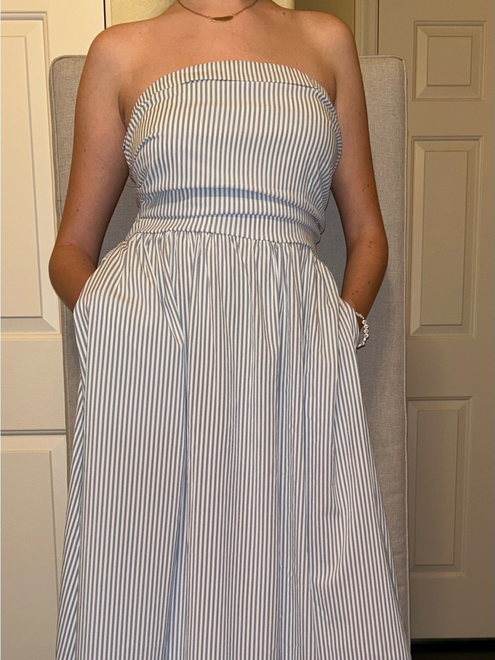 Striped Strapless Maxi Dress - White/Blue-gray
